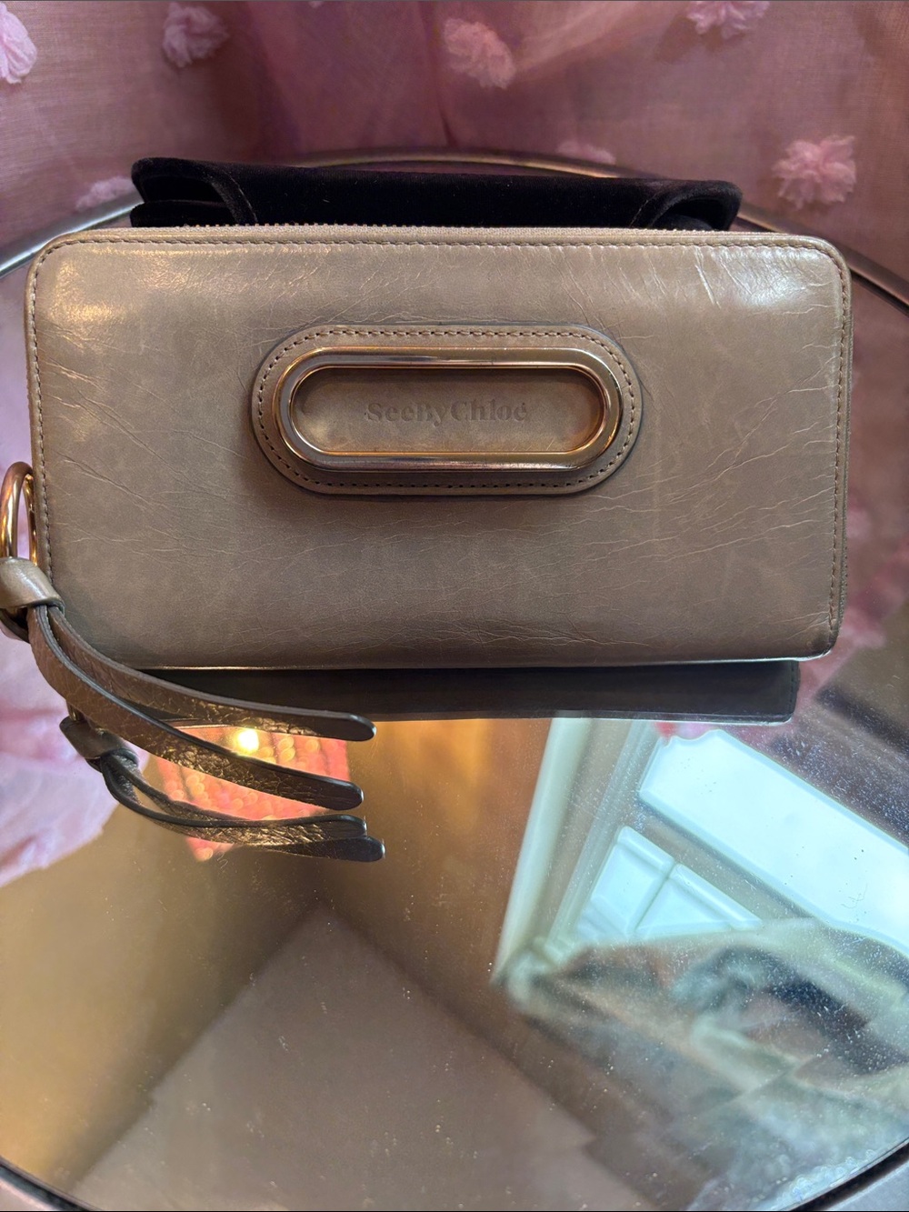 See by Chloé Glossy Beige Leather Zip-Around Continental Wallet Clutch